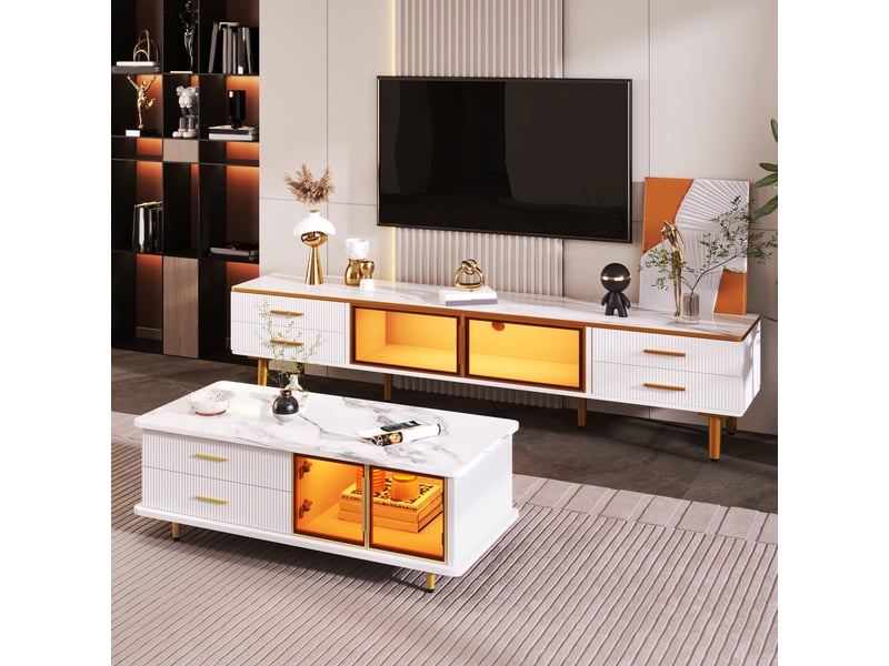  Ensemble meuble tv et table basse blanc et or effet marbre 170cm  - Conforama C