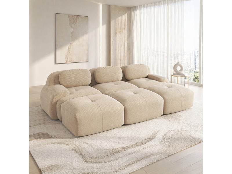  Canapé modulable modenvie 3 places avec 3 poufs en velours côtelé beige 298 x 178 x 70 cm  - Conforama B