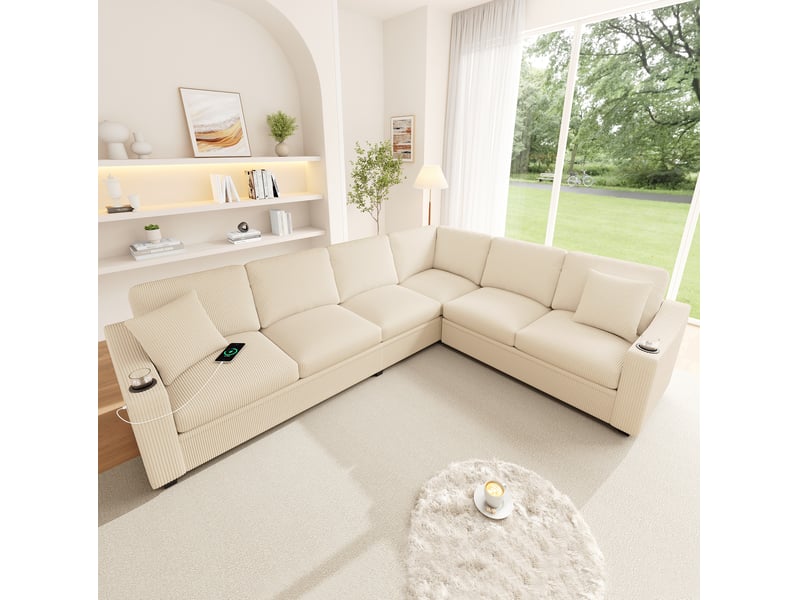  Canapé d'angle modulable 6 places en velours côtelé beige avec usbtype-c, porte-gobelets et coussins  - Conforama D