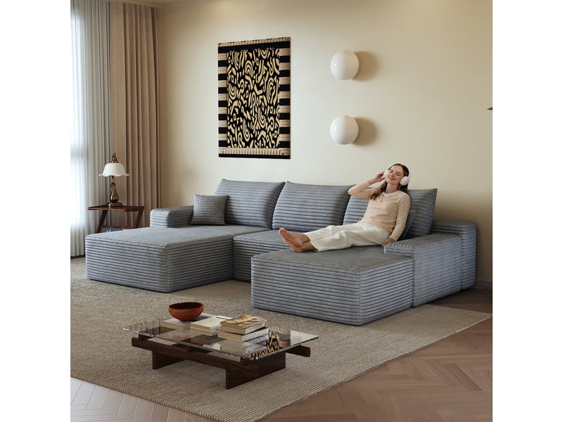Canapé modulaire à assise profonde sans outil - lpospi - mousse haute élasticité, tissu côtelé gris - Conforama E