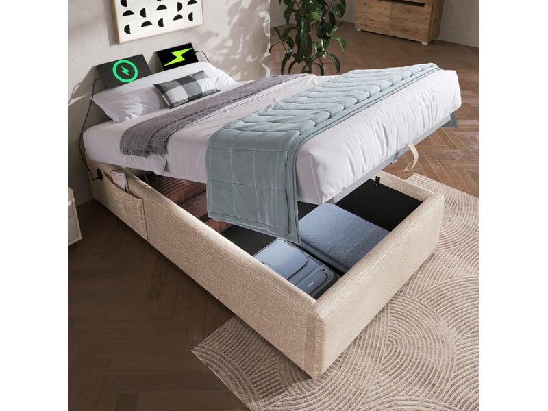  Modenvie lit coffre 90x200 cm - avec rangement hydraulique, ports usb-c, sans matelas - beige  - Conforama D