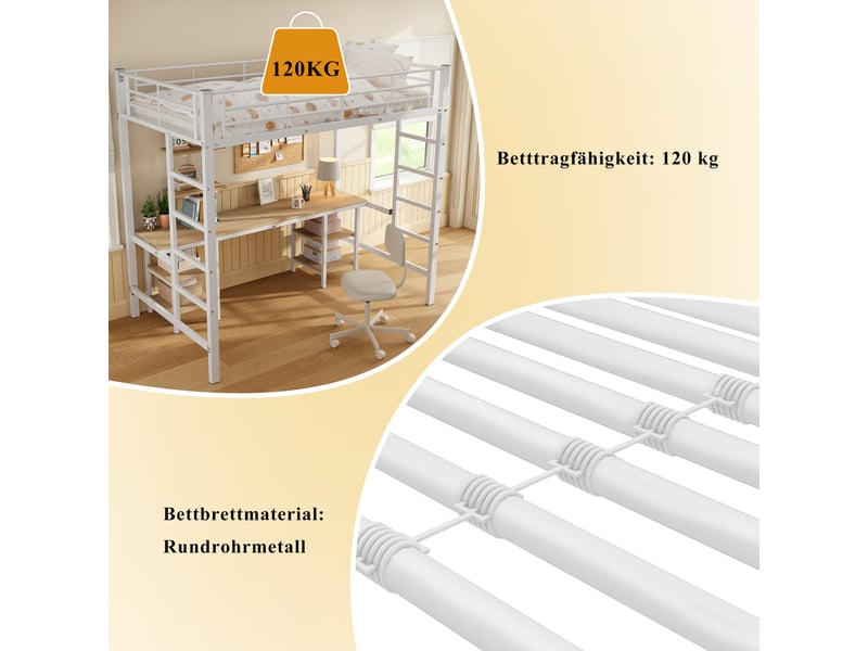  Lit mezzanine enfant blanc 90×200 cm en fer et mdf, bureau, étagères intégrées, échelle latérale et barrières de protection  - Conforama E