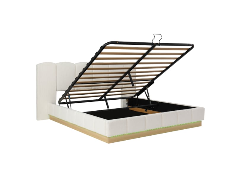  Lit double 180x200 hydraulique avec coffre et tête de lit led bouclé blanc — design moderne  - Conforama A