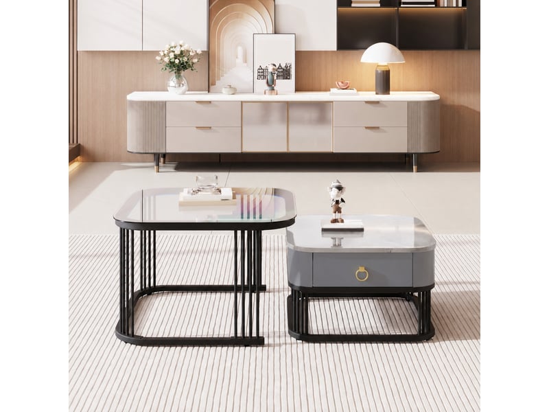  Ensemble de 2 tables basses gigognes en verre effet marbre noir et gris avec 2 tiroirs, 60 x 60 cm  - Conforama E