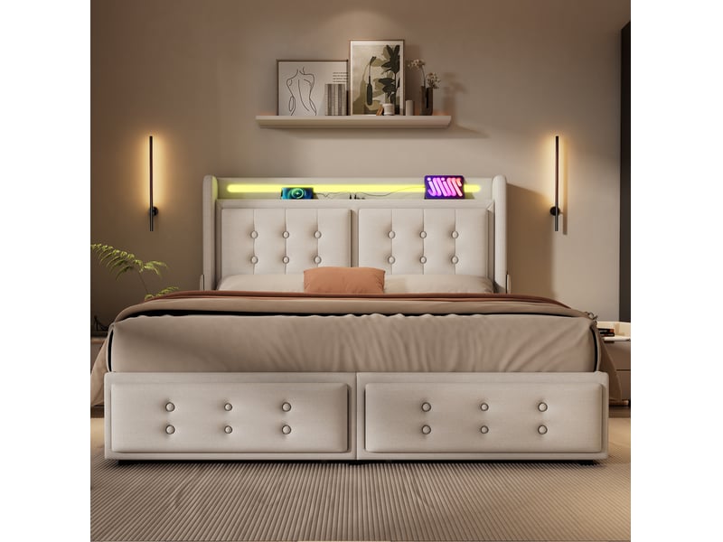  Lit coffre 160 × 200 cm 2 places avec 4 tiroirs, led multicolore, usb et type-c, matelas inclus, beige  - Conforama C