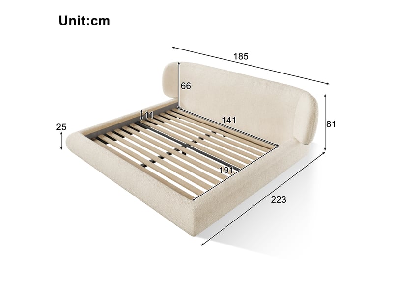  Lit rembourré 140 × 190 cm 2 places avec tête de lit, sans matelas, en chenille beige, bords arrondis  - Conforama D