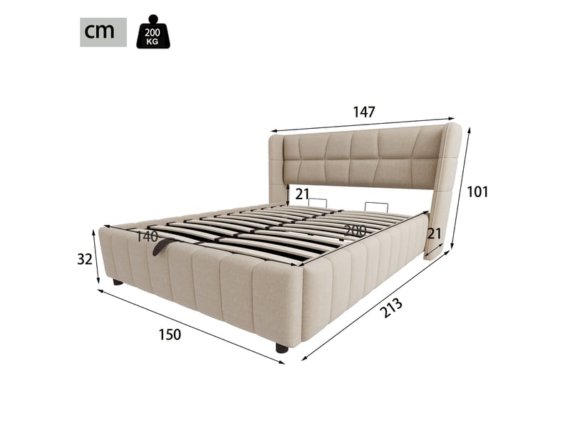  Lit coffre 140 x 200 cm avec rangement pneumatique, tête de lit capitonnée, sommier à lattes, lin beige  - Conforama C