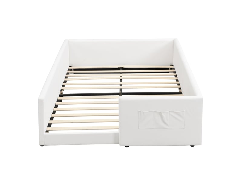  Lit enfant 140x200 cm, lit 2 place, design enveloppant, 3 poches de rangement, sommier, polyuréthane, blanc sans matelas  - Conforama R