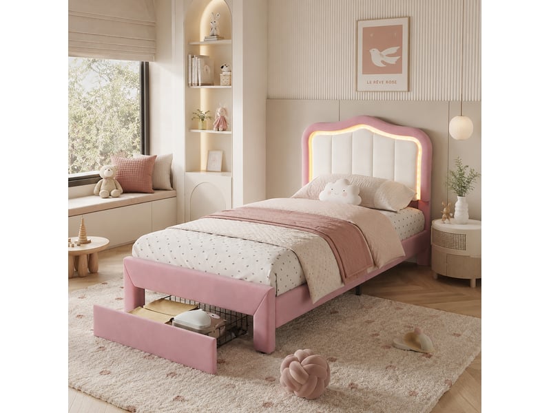  Lit enfant 90x200 cm en velours rose avec tiroir, tête de lit, éclairage led via application, sans matelas  - Conforama E