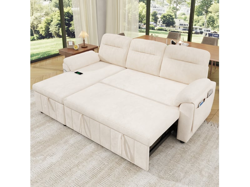 Canapé d’angle convertible 208x131x88 cm avec méridienne coloris beige - Conforama D