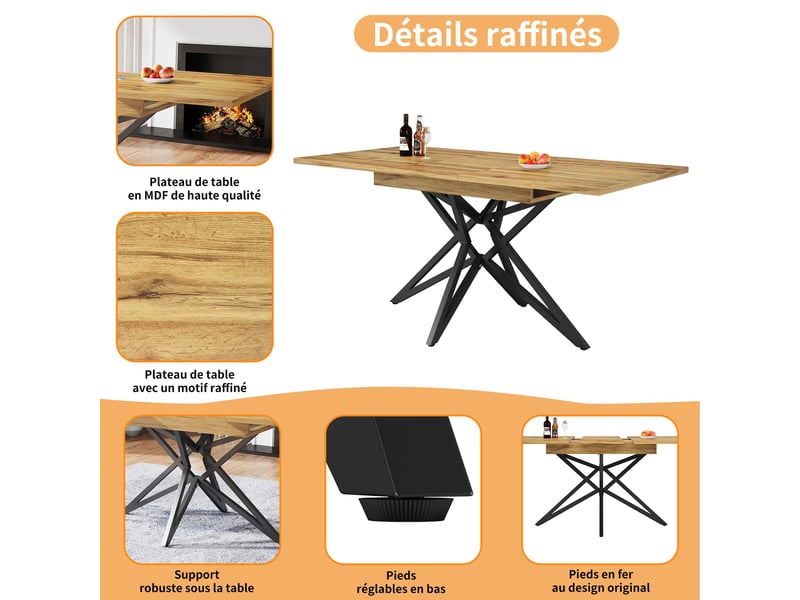 Table à manger extensible noyer,avec 4 chaises,design moderne, confort, solide - mdf et métal - 120-160x68cm - Conforama C