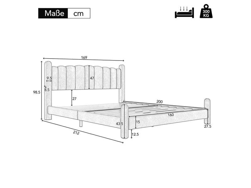  Lit adulte rembourré 160x200cm,lit double en velours avec tête de lit en forme d'éventail et pieds de support cylindriques,beige lit adulte beige - Conforama C