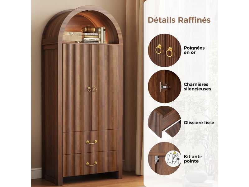  Armoire haute 76 x 38 x 180 cm en mdf et panneaux de particules avec 2 portes, 2 tiroirs et led réglable, coloris noyer chicfurn  - Conforama E