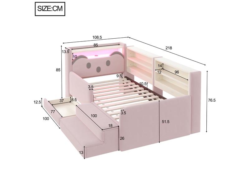  Lit rembourré enfant 90 x 200 cm – tête de lit avec rangement – ​​inclut 1 tiroir – inclut un pied de lit – inclut éclairage led et port usb – rose (matelas non inclus)  - Conforama C
