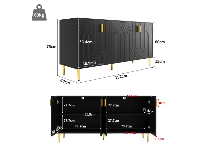  Buffet bas noir 152 x 40 x 75 cm avec design ondulé, détails dorés et portes battantes  - Conforama E