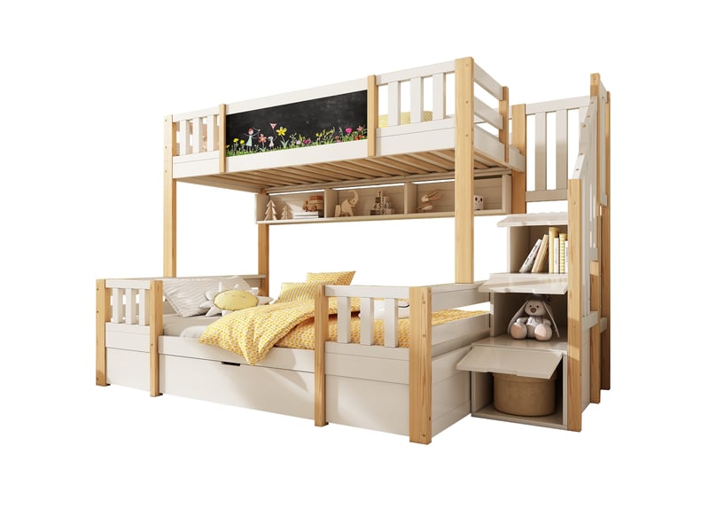  Modenvie lit superposé 3 couchages 90x200 et 140x200 cm - avec rangements, tableau noir, sans matelas - bicolore  - Conforama A