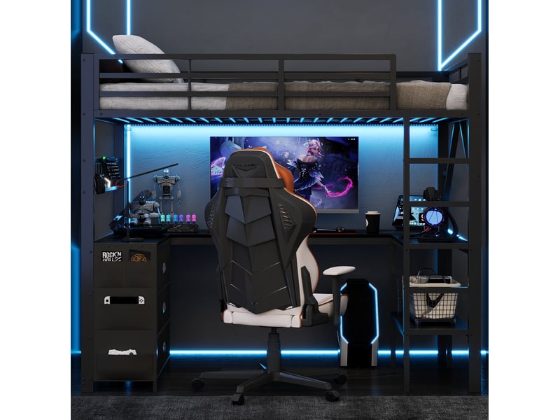 Lit mezzanine 90 × 200 cm avec bureau, 3 tiroirs, étagères et éclairage led pour chambre enfant en métal noir - Conforama E