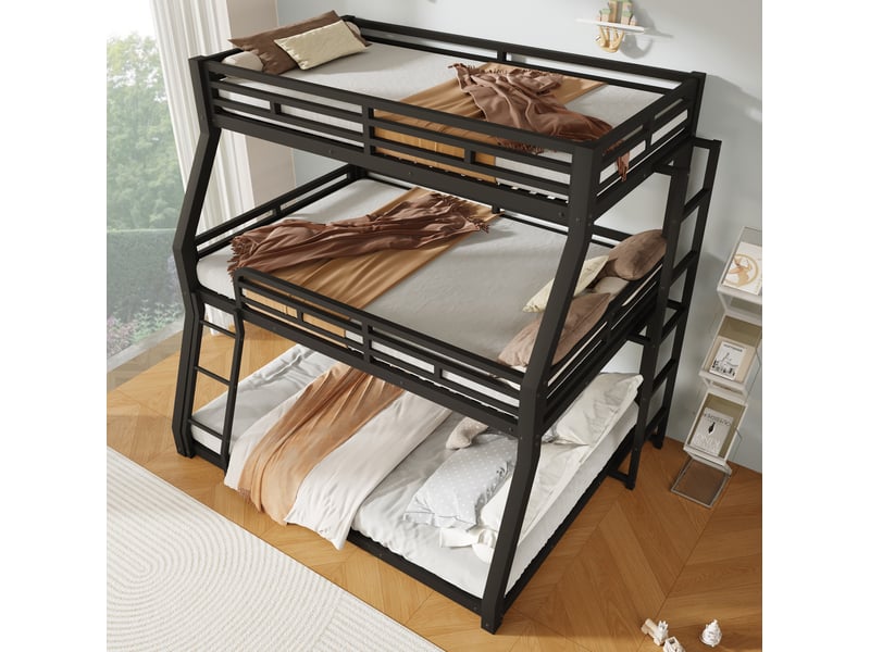  Lit superposé triple 90x200 120x200 140x200 cm, garde-corps, 2 échelles, métal noir, sans matelas  - Conforama D