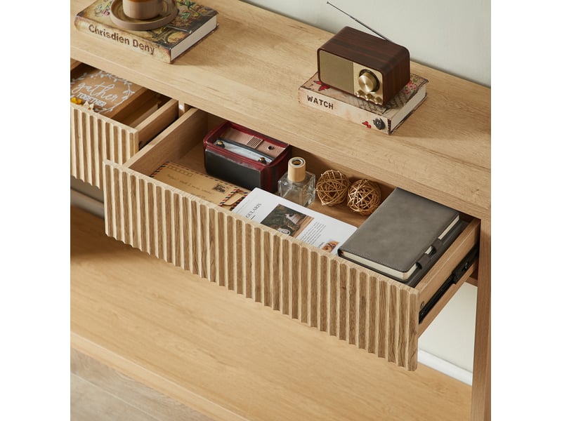  Console d'entrée 150 cm à finition bois clair, avec 2 tiroirs et étagère ouverte, design moderne pour le couloir  - Conforama D