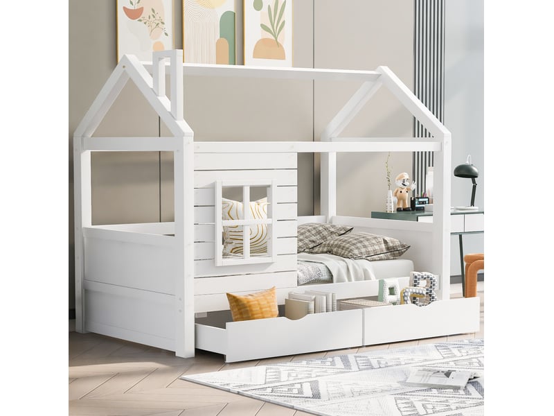  Modenvie lit cabane enfant 90x200 cm - avec tiroirs de rangement, sommier inclus, sans matelas - blanc  - Conforama D