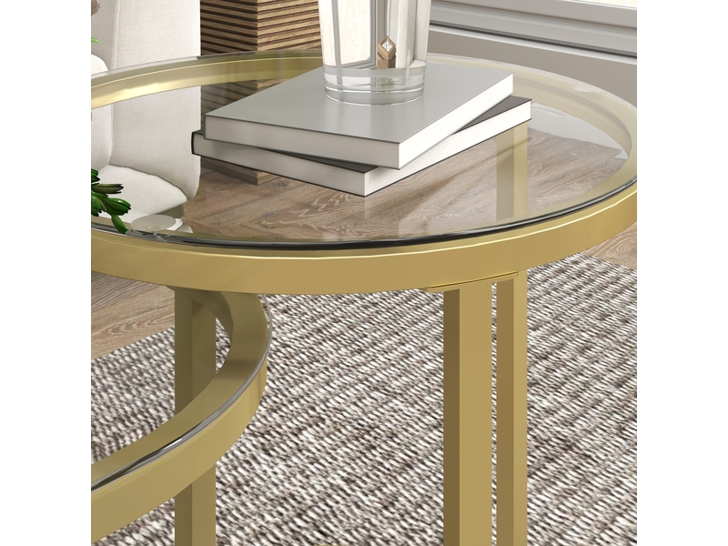  Tables basses gigognes ronde et ovale, lot de 2, avec pieds réglables, plateau en verre et cadre en acier, doré  - Conforama D