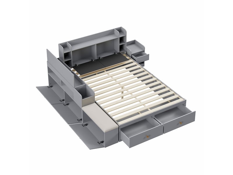 Lit combiné 140x200 cm bois massif gris - tiroirs, chevet, banquette et armoire - rangements intégrés  - Conforama E