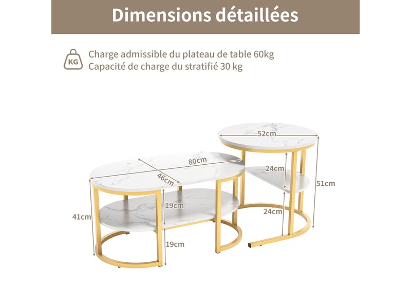  Lot de 2 tables basses - 80x46x41cm 52x52x51cm - table basse gigognes marbre oval et bout de canapé rond structure métal - doré  - Conforama E
