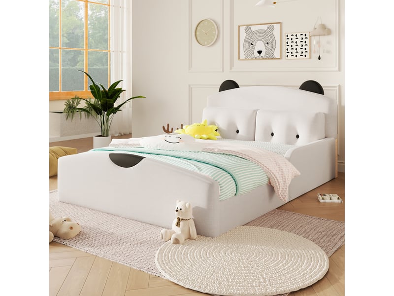  Lit double plateforme 140x200cm avec tête de lit motif ours, 2 coussins décoratifs, tissu lin blanc evarich - Conforama B