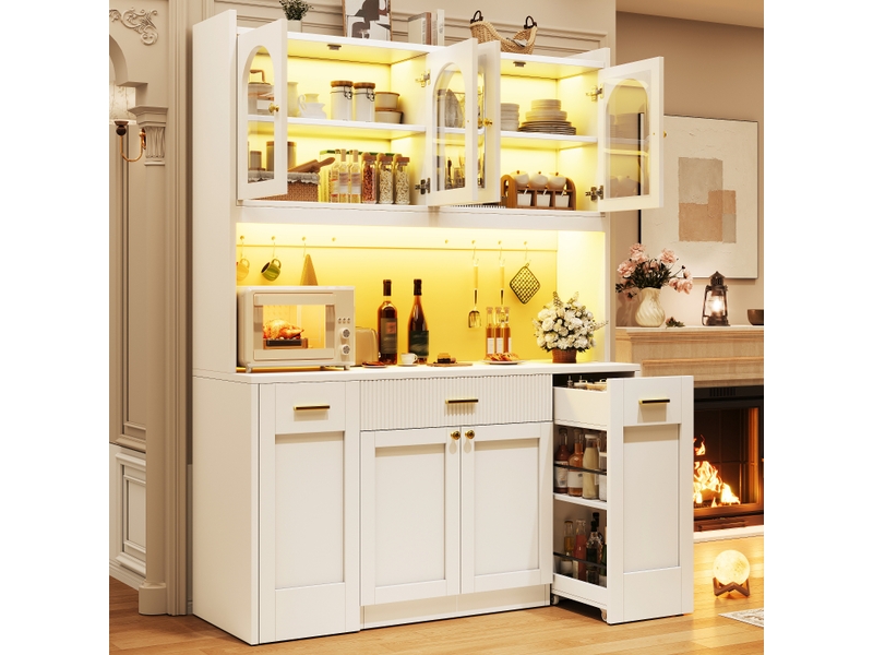  Armoire de cuisine haute 120 cm, buffet de cuisine blanc avec led rgb, 3 vitrines (sans matelas).  - Conforama E