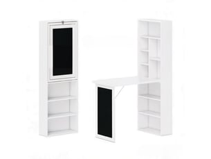 Bureau mural rabattable avec étagère 9 niches et tableau - plan de travail pliable mdf et bois - blanc, noir