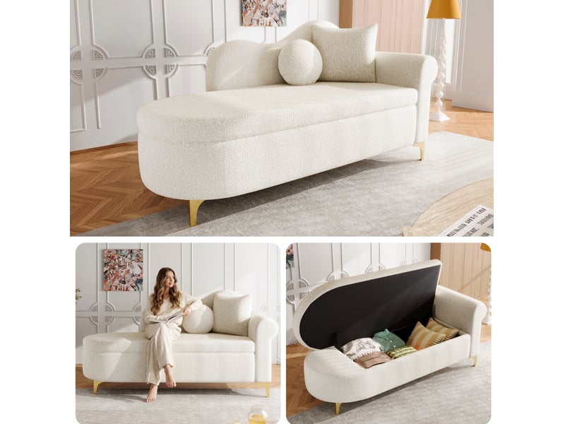  Banc coffre 134x64x70 cm, méridienne avec rangemen, dossier ondulé et 2 coussins, meuble salon, tissu teddy beige blanc  - Conforama E