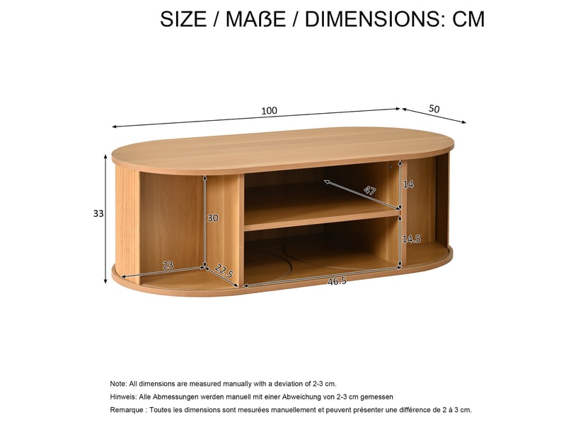 Table basse ovale 100x50x33 cm avec rangement modulable, finition bois naturel - Conforama E