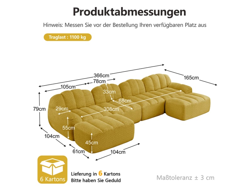  Canapé modulable u 4 places 366x165x79 cm, 2 poufs mousse 32d granuleux, tissu, jaune  - Conforama C