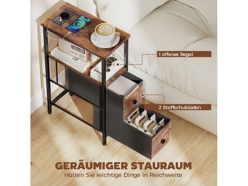  Couchtisch beistelltisch mit ladestation, stahlrahmen, 2 stoffschublade, offen fach, 20cm x 40cm x 63cm, rustikal-braun  - Conforama D