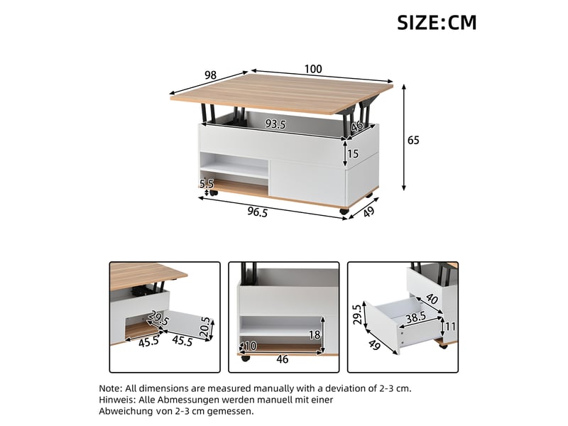  Table basse relevable 100 x 98 x 65 cm avec rangement, roulettes, blanc et bois  - Conforama C