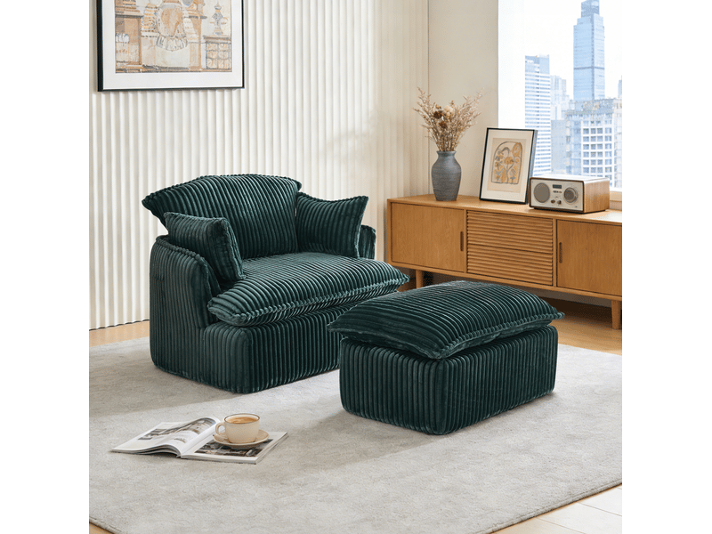 Fauteuil avec repose-pieds tcqpz compressé en velours côtelé vert 115 x 89 x 77 cm avec coussin pour petit espace - Conforama E