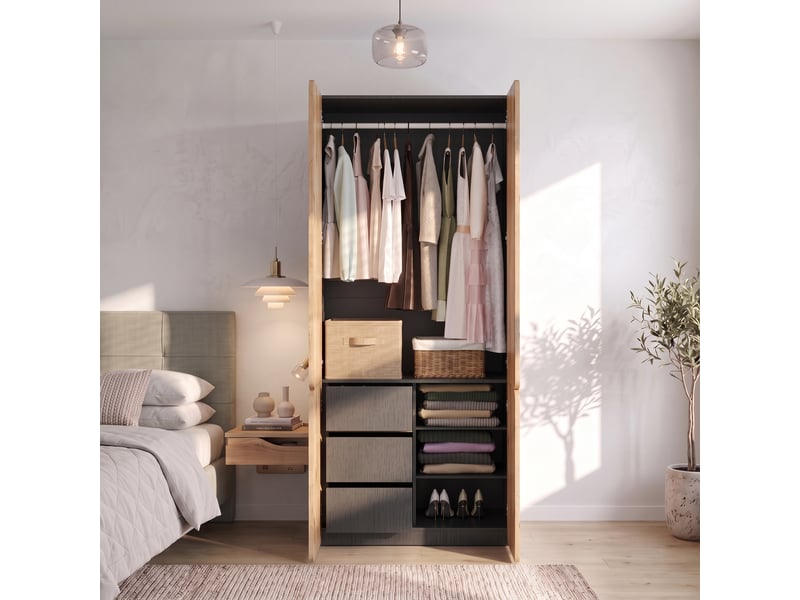 Armoire penderie 90 x 50 x 200 cm, 4 portes battantes, 1 tringle, 3 tiroirs, pour chambre et bureau, mdf et panneaux de particules, naturel OMNIGLINT TRADING LTD - Conforama C