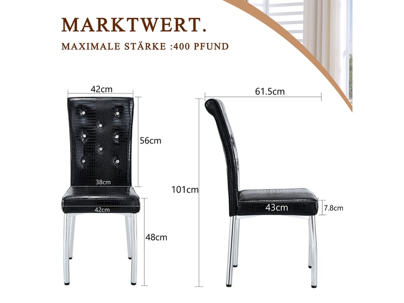  Lot de 4 chaises de salle à manger rembourrées à motif alligator avec boutons cristal, en pvc et métal noir  - Conforama C