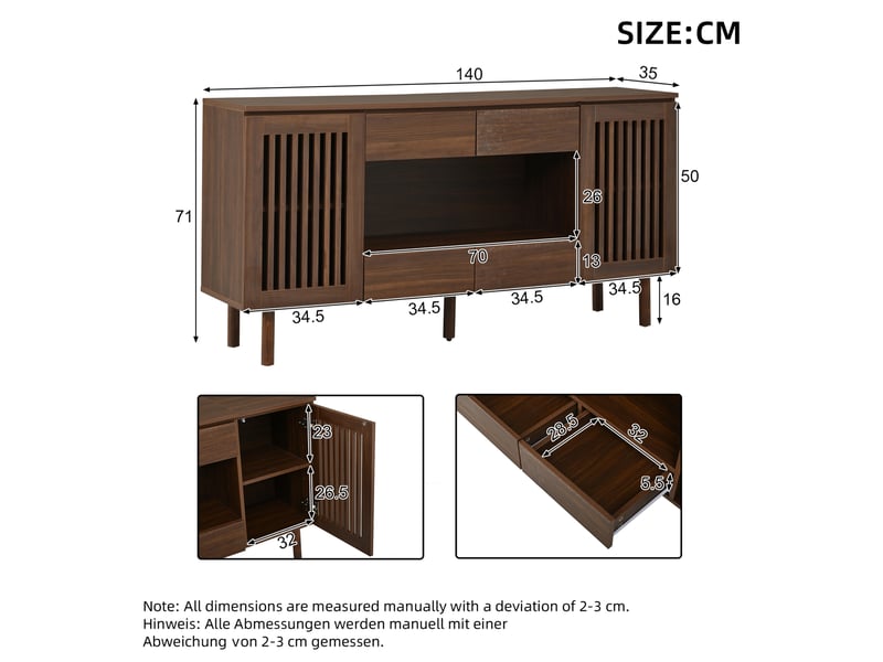  Buffet 140x35x71 cm avec 4 tiroirs et 2 portes à lamelles en mdf coloris noyer  - Conforama E