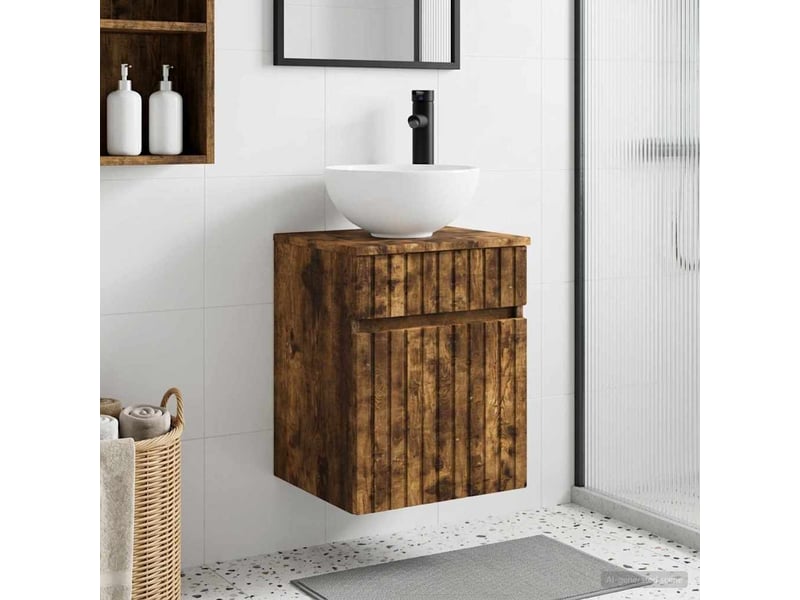  Meuble de lavabo mural, rangement salle de bain chêne fumé 39x35x63 cm  - Conforama B