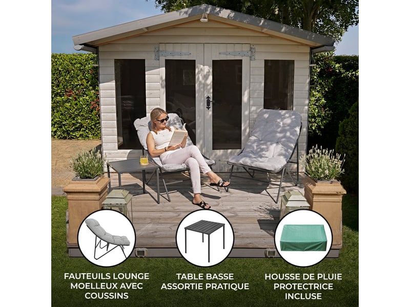 Ensemble bistro de jardin gris 3 pièces, 2 fauteuils avec coussins épais, table basse, cadre en acier thermolaqué, mobilier extérieur terrasse balcon, 40933 - Conforama D
