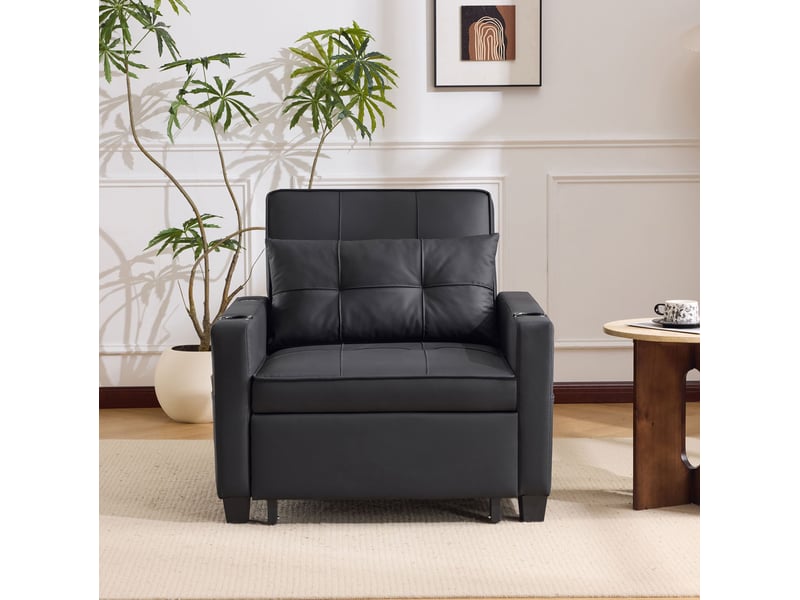Canapé convertible 3-en-1 avec dossier réglable, porte-gobelets et poche latérale, en bois et métal, noir - Conforama C