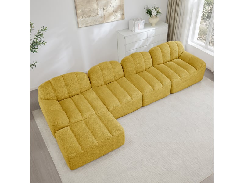 Canapé modulable 4 places jaune en tissu bouclette avec pouf, confort mousse 32d pour le salon familial - Conforama E