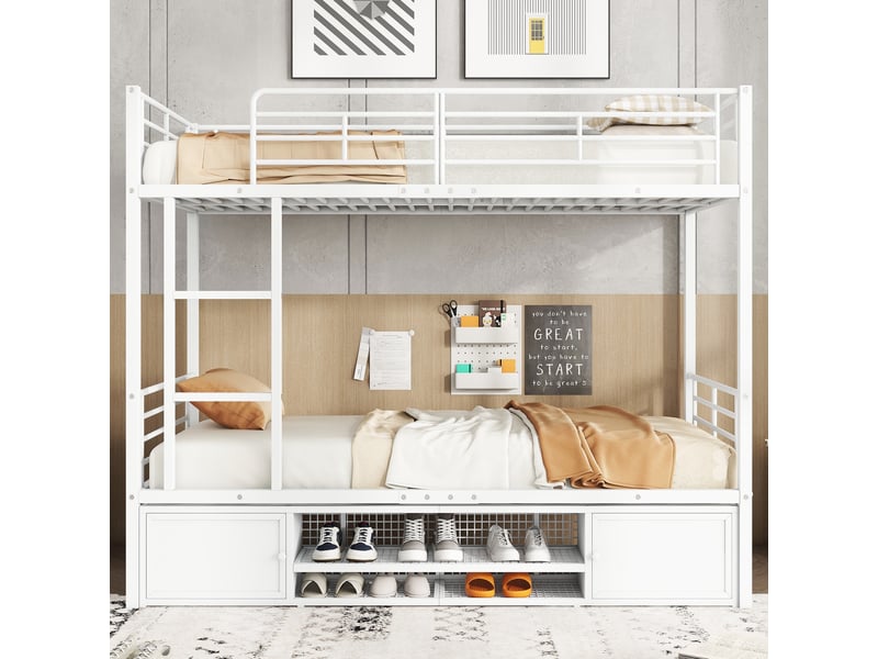  Lit superposé 90x200 cm, lit enfant avec rangement gain de place, métal robuste, échelle et meuble de rangement, étagère à chaussures, blanc  - Conforama C