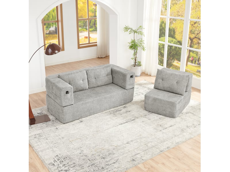 Canapé-lit modulable 3 places avec fauteuil pliable en tissu gris clair - Conforama B