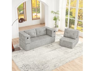 Canapé-lit modulable 3 places avec fauteuil pliable en tissu gris clair