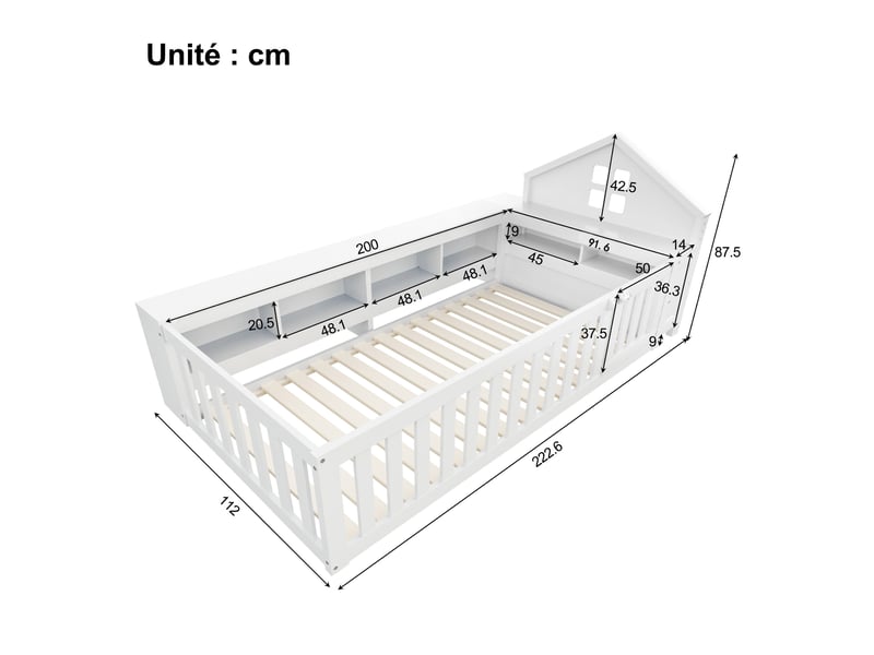  Lit enfant 90x200 cm - lit cabane bois avec toit et sécurité, espace de rangement, structure en pin mdf, sans matelas, blanc  - Conforama C