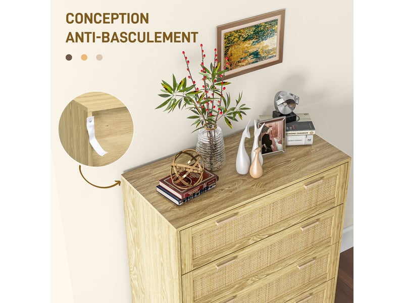  Commode 4 tiroirs meuble de rangement façade tissage en rotin bohème style dim. 90l x 45p x 108,5h cm aspect bois clair  - Conforama R