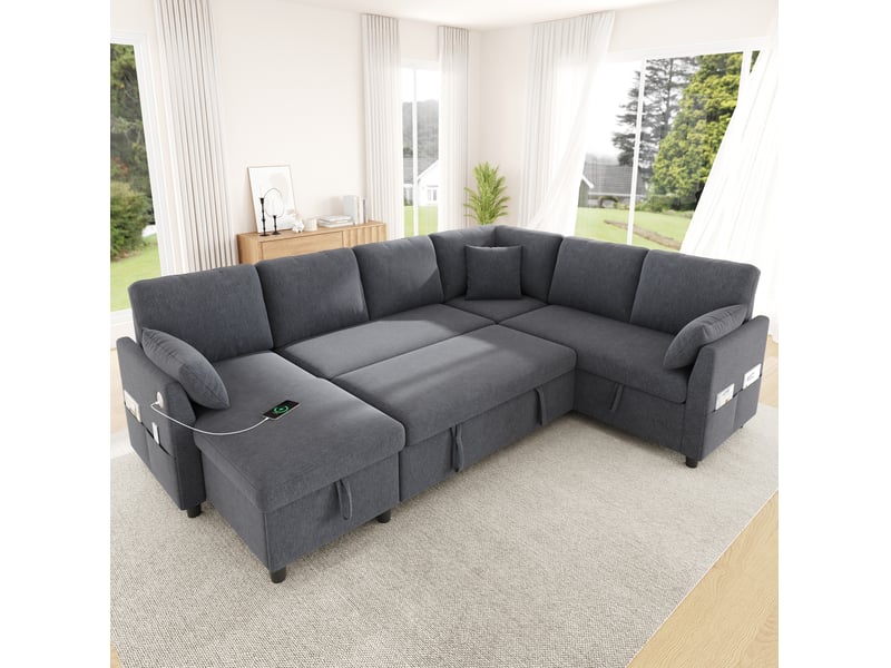  Canapé d'angle convertible 6 places avec rangements, ports usb et usb-c, poches latérales, en tissu effet lin gris  - Conforama B