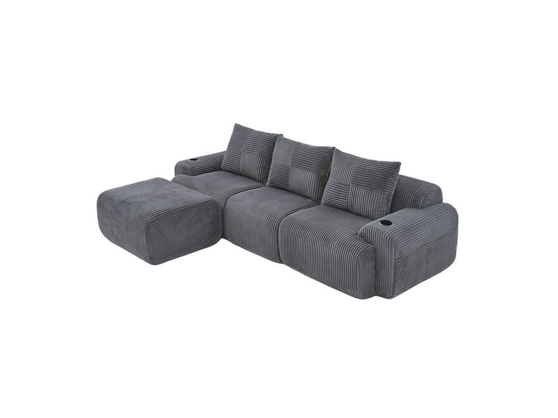  Canapé modulable 3 places 268 x 174 x 80 cm, avec poufs, porte-gobelets, poche de rangement latérale, velours côtelé, gris foncé Bliss Lite - Conforama A